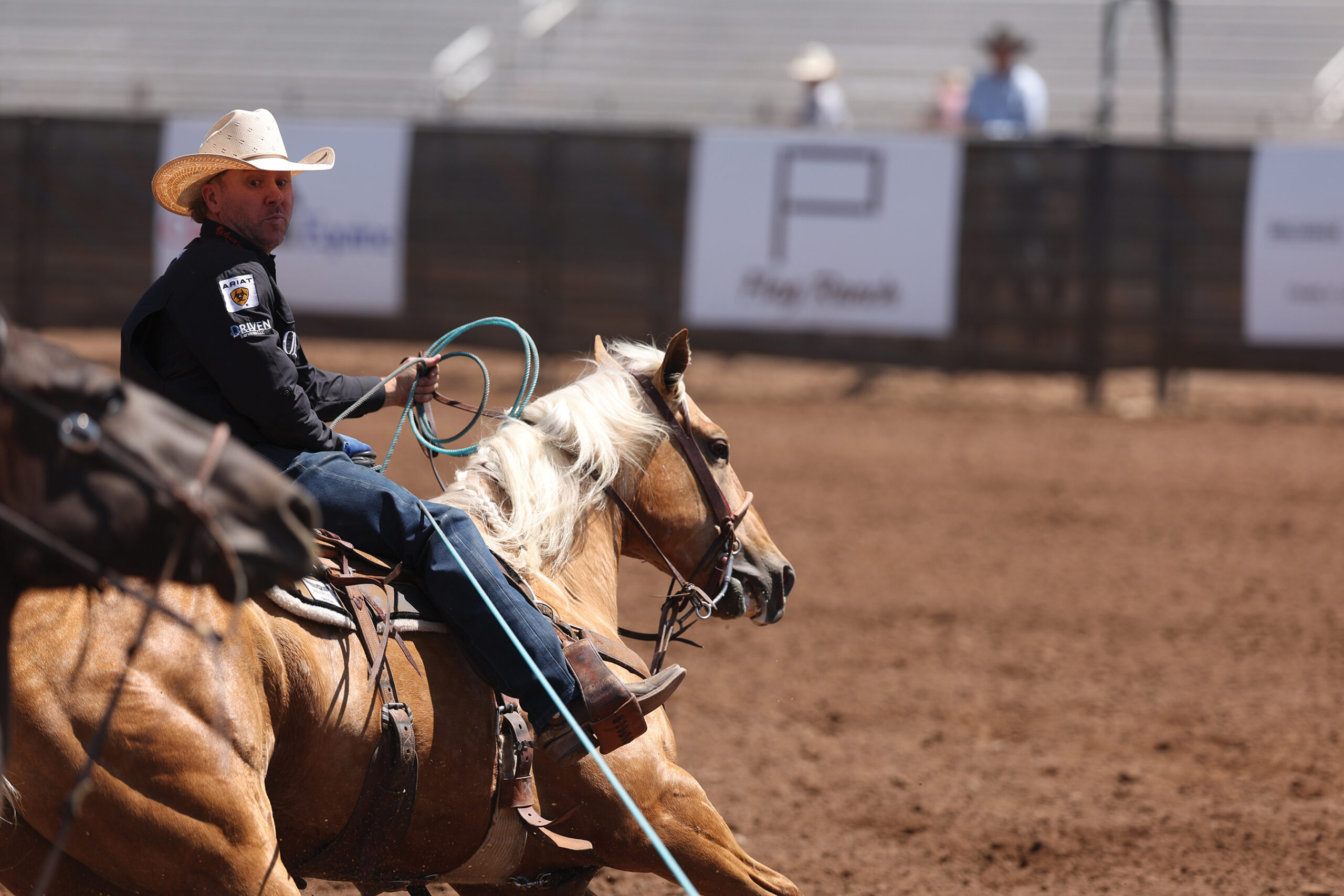 Header roper in a straw cowboy hat swings his loop while riding a palomino horse across the arena, looking back at the steer