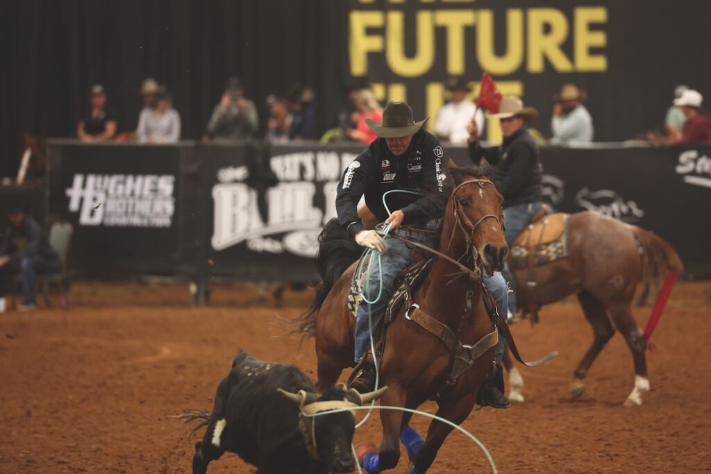 Team roper in a black cowboy hat gathers his rope aboard a bay horse as a black steer runs alongside in the arena