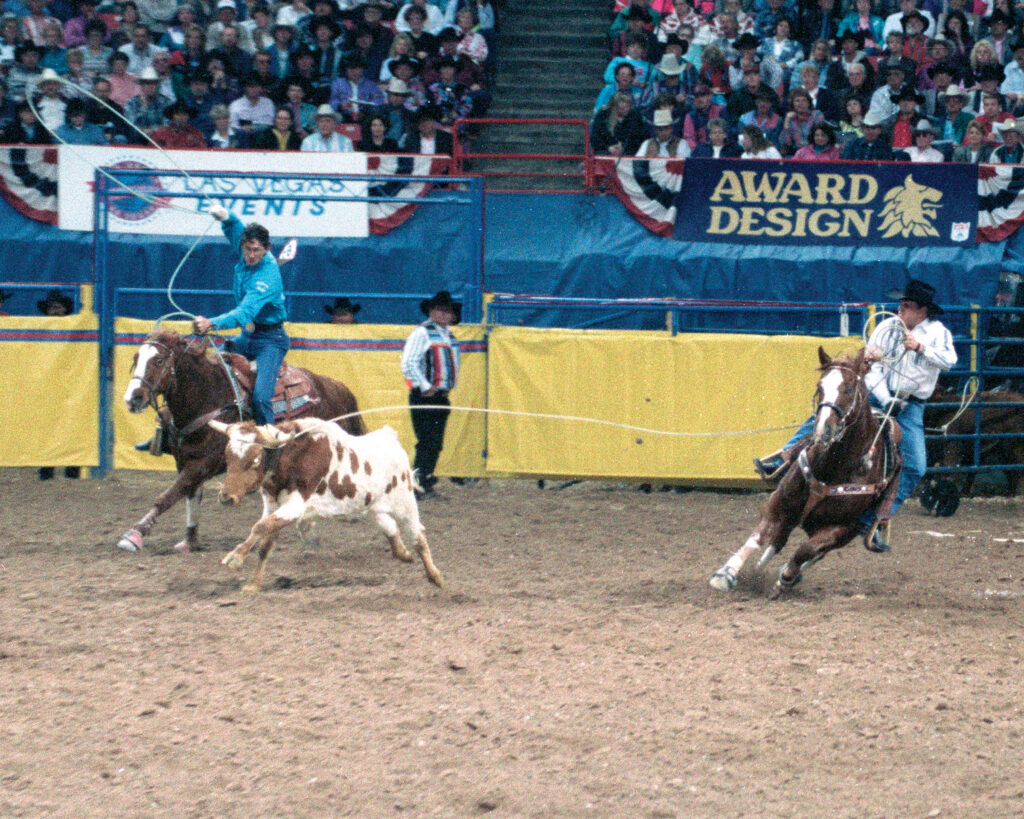 Team ropers work a steer in a packed indoor arena, the header holding the head rope while the heeler swings his loop