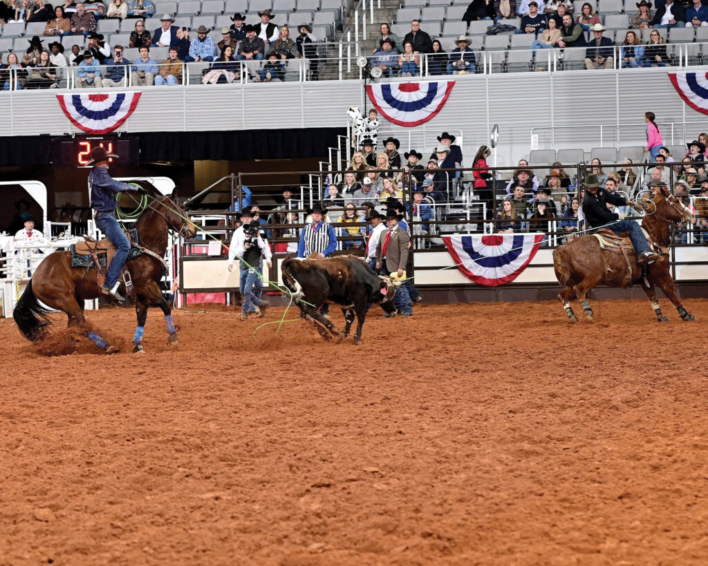 Two team ropers work a steer in an indoor arena, header holding the rope taut as the heeler swings behind