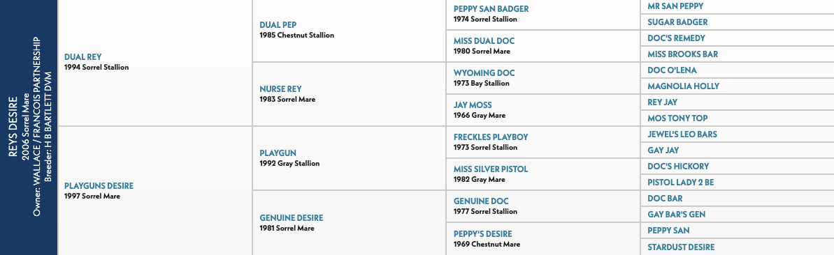 Five-generation pedigree chart for Reys Desire, a 2006 sorrel mare by Dual Rey out of Playguns Desire