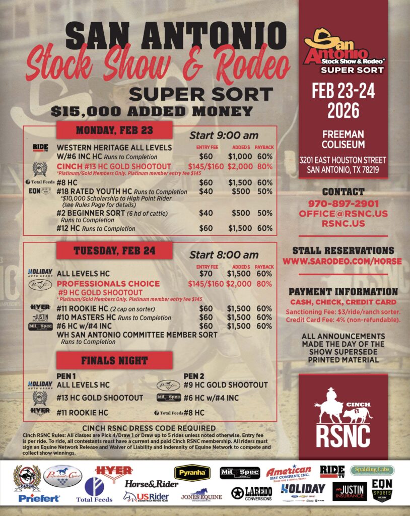Event flyer for the San Antonio Stock Show & Rodeo Super Sort ranch sorting, Feb 23-24, 2026, with class schedule and entry fees