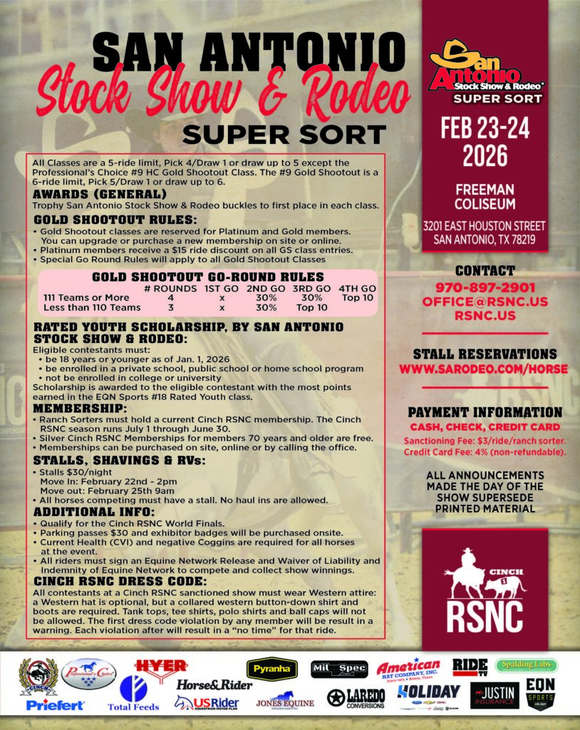 San Antonio Stock Show & Rodeo Super Sort event flyer with Cinch RSNC ranch sorting rules, awards and Feb 23-24, 2026 details