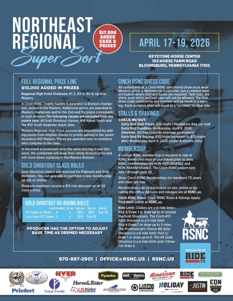 Event flyer for the Northeast Regional Super Sort ranch sorting show, April 17-19, 2026, in Bloomsburg, Pennsylvania