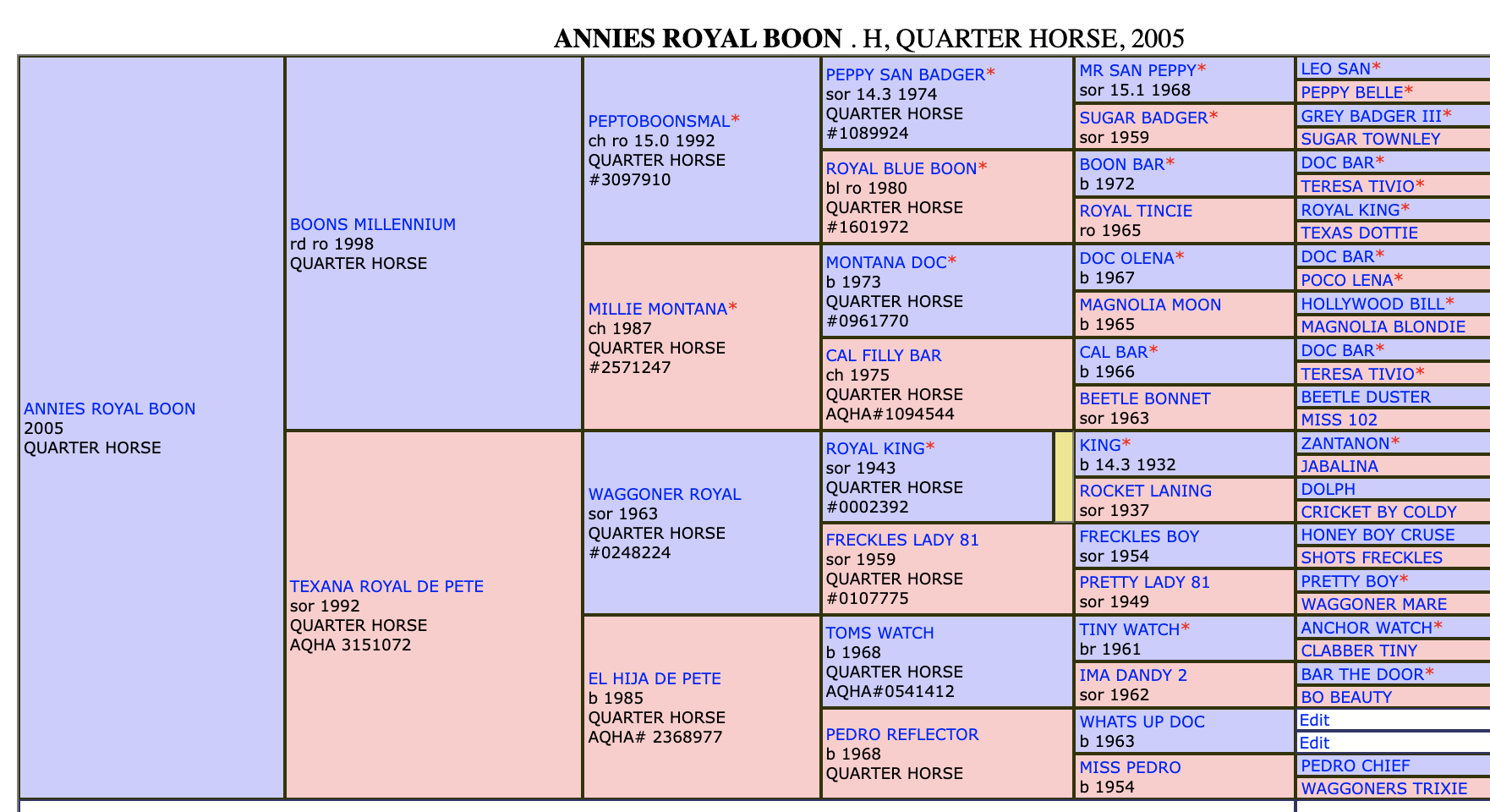 Five-generation pedigree chart for Annies Royal Boon, a 2005 Quarter Horse stallion, listing sires and dams in color-coded boxes