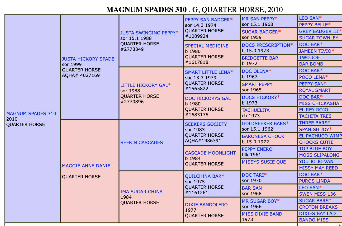 Five-generation pedigree chart for Magnum Spades 310, a 2010 Quarter Horse gelding, listing sires and dams in colored cells