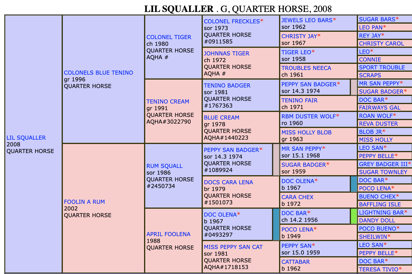 Five-generation pedigree chart for Lil Squaller, a 2008 Quarter Horse gelding, listing sires and dams by name, color and year
