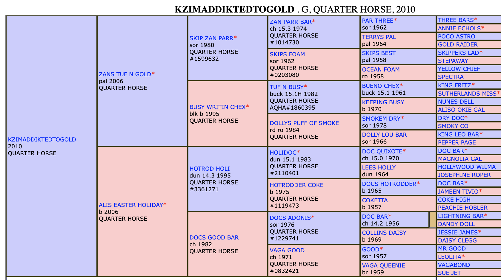 Five-generation pedigree chart for a 2010 Quarter Horse gelding, with sire and dam lines color-coded in blue and pink