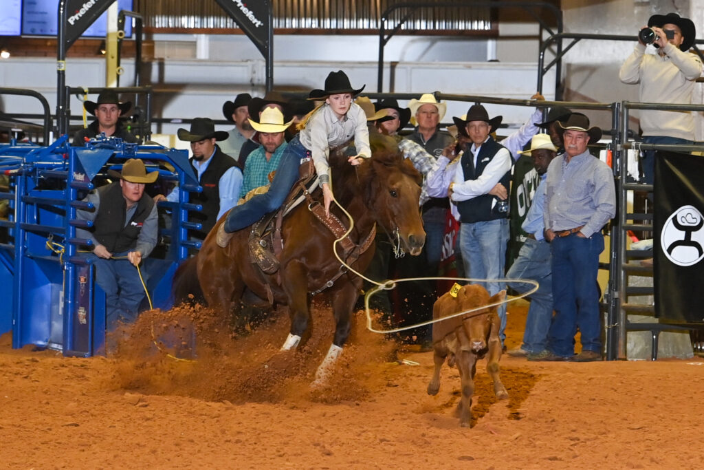 Breakaway roper on a sorrel horse throws her loop at a calf in the arena as spectators watch from the fence