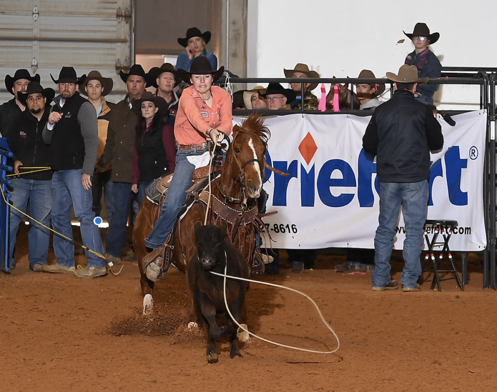 Breakaway roper in an orange shirt chases a calf on a sorrel horse as spectators watch from the arena fence