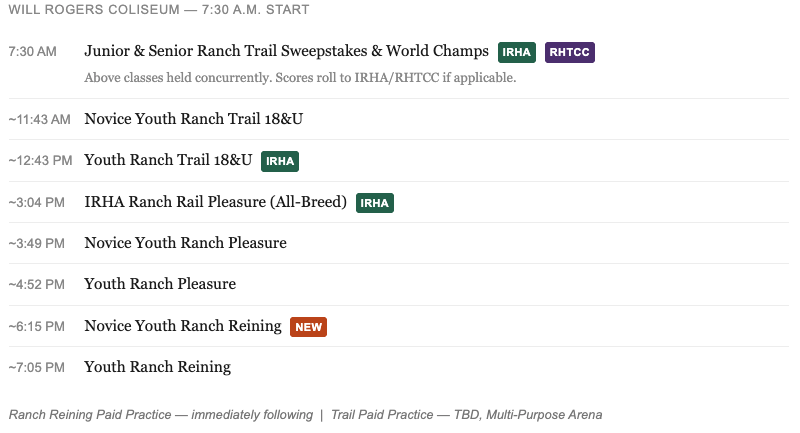 Daily class schedule for Will Rogers Coliseum listing ranch trail, pleasure and reining classes with IRHA and RHTCC tags