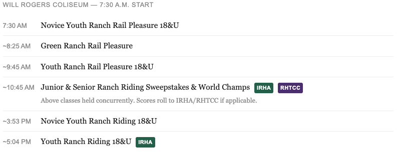 Schedule listing for Will Rogers Coliseum showing ranch rail pleasure and ranch riding classes with start times and IRHA/RHTCC tags