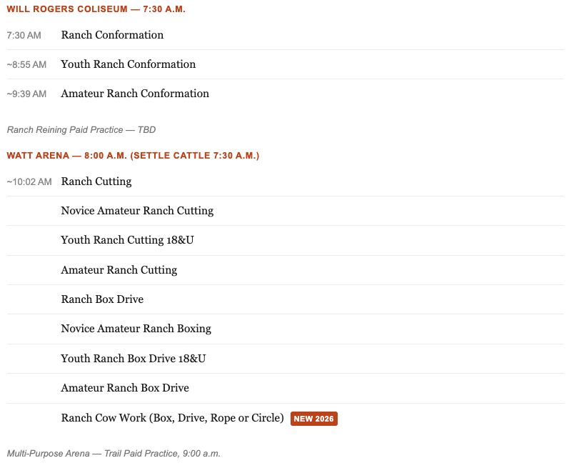 Event schedule listing ranch conformation classes at Will Rogers Coliseum and ranch cutting and boxing classes at Watt Arena