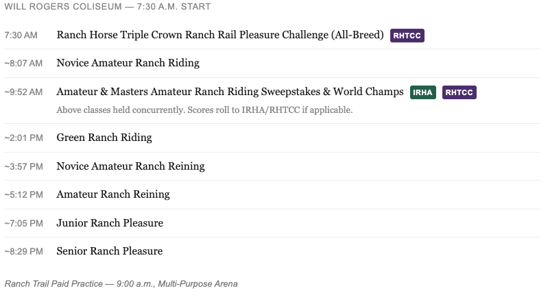 Schedule listing for Will Rogers Coliseum showing ranch riding, ranch reining and ranch pleasure classes with estimated start times