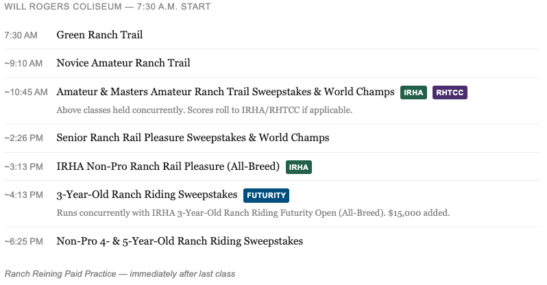 Daily schedule chart for Will Rogers Coliseum listing ranch trail, ranch rail pleasure and ranch riding classes from 7:30 a.m.