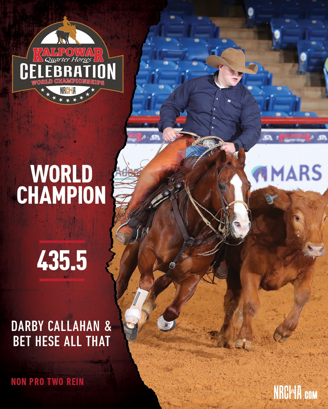 Winner's graphic showing a rider in a cowboy hat working a cow on a sorrel horse, with text naming the Non Pro Two Rein World Champion and a 435.5 score
