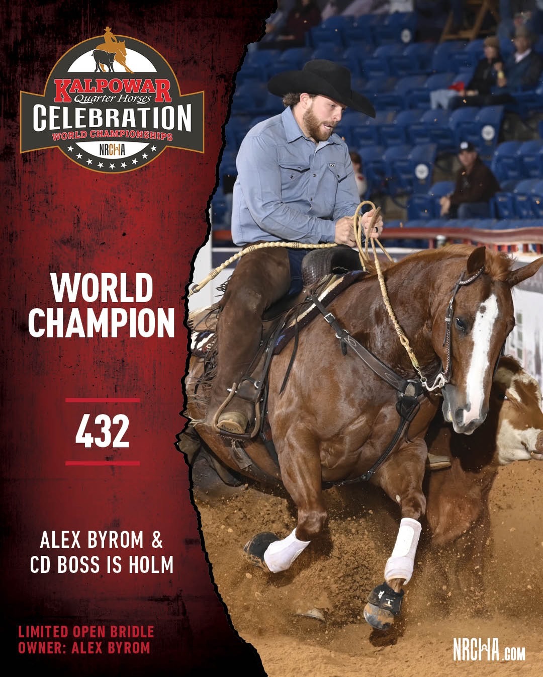 NRCHA Celebration World Championship graphic showing a rider in a black hat working a sorrel horse on a cow in the arena