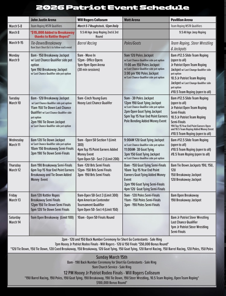 2026 Patriot Event Schedule showing rodeo competition dates and times across four venues: John Justin Arena, Will Rogers Coliseum, Watt Arena, and Pavilion Area, featuring breakaway roping, barrel racing, poles/goats, team roping, and steer wrestling events from March 5-15
