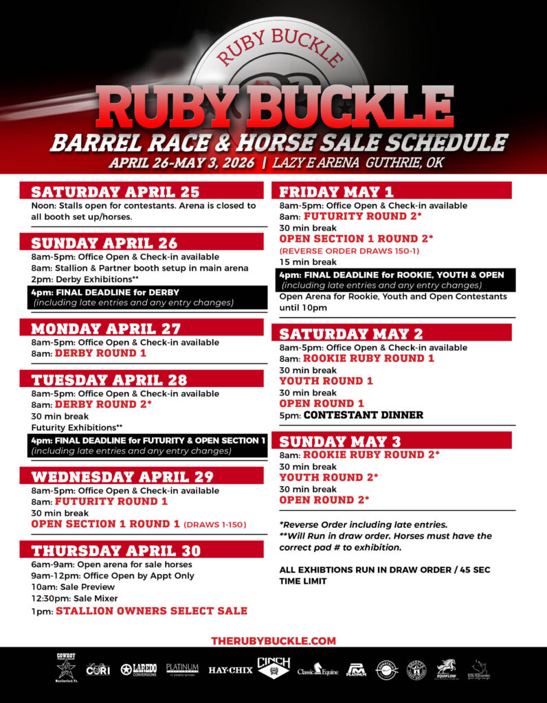 Ruby Buckle Barrel Race & Horse Sale schedule graphic listing daily events April 26–May 3, 2026 at Lazy E Arena in Guthrie, Oklahoma