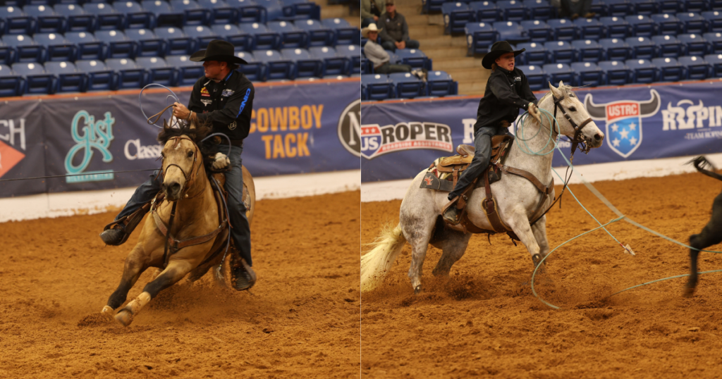 Two barrel racers compete at an indoor rodeo arena; left rider on brown horse approaching barrel, right rider on gray horse executing a turn with rope in hand