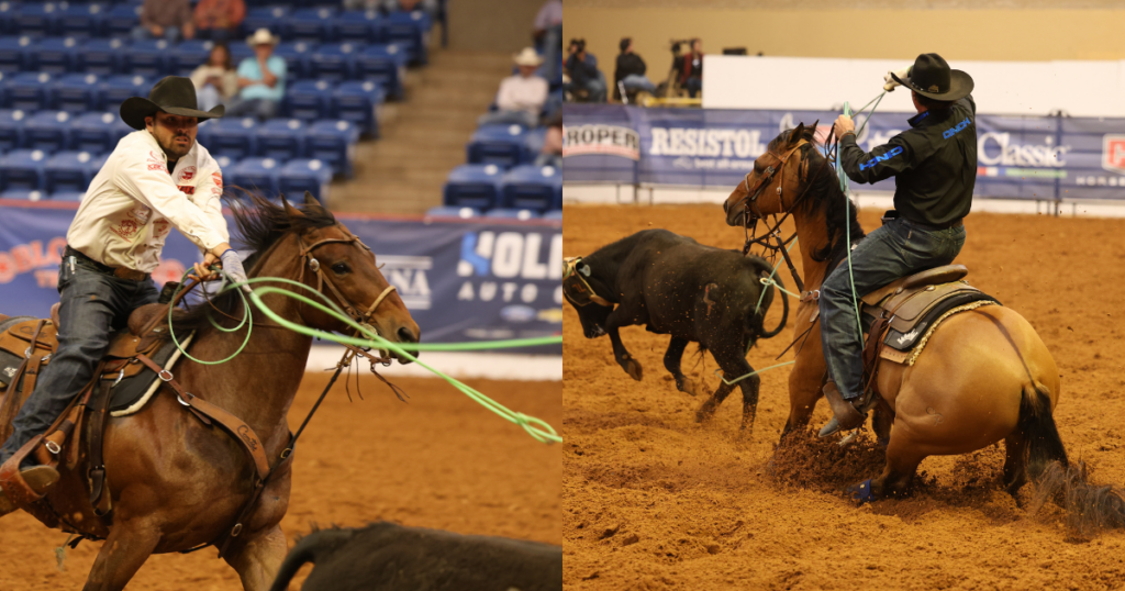 Left: Roper on brown horse swinging green rope during team roping. Right: Two ropers on horses working steer during team roping competition at indoor rodeo arena