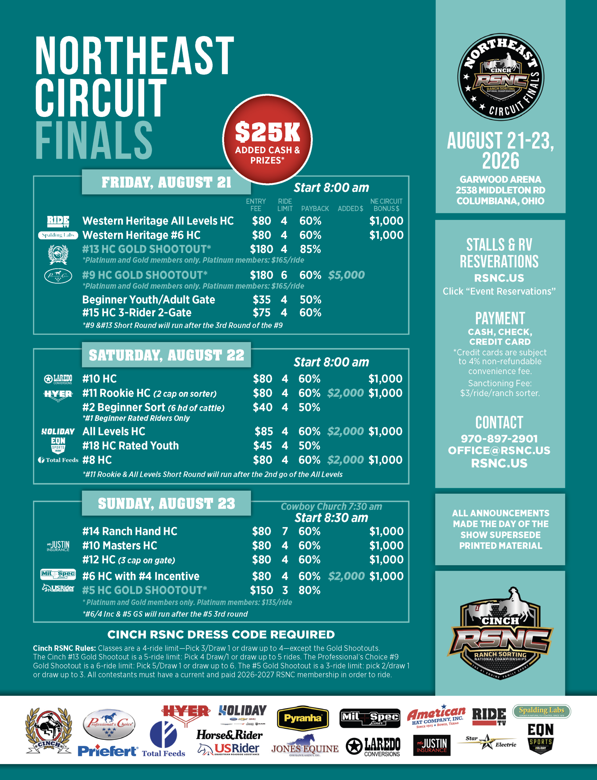 Cinch RSNC Northeast Circuit Finals event flyer listing ranch sorting classes, entry fees and payouts for August 21-23, 2026