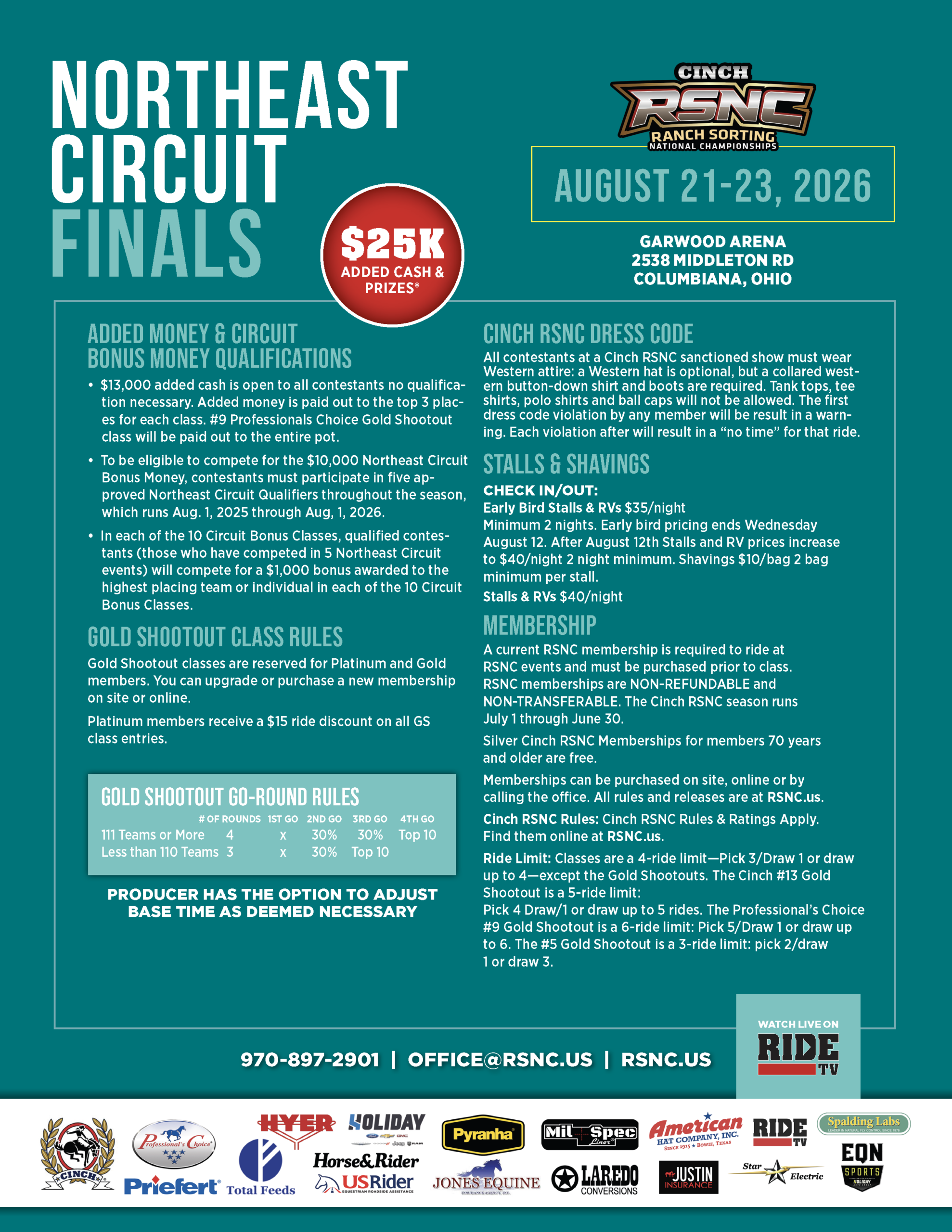Cinch RSNC Northeast Circuit Finals event flyer listing $25K added cash, August 21-23, 2026 dates at Garwood Arena in Columbiana, Ohio