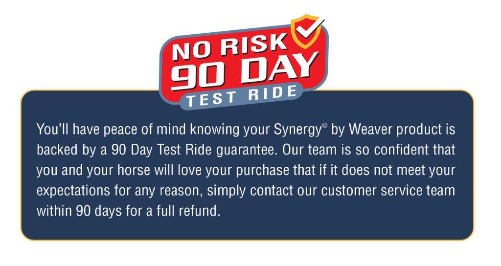 "No Risk 90 Day Test Ride" badge with checkmark shield above navy panel explaining Synergy by Weaver refund guarantee