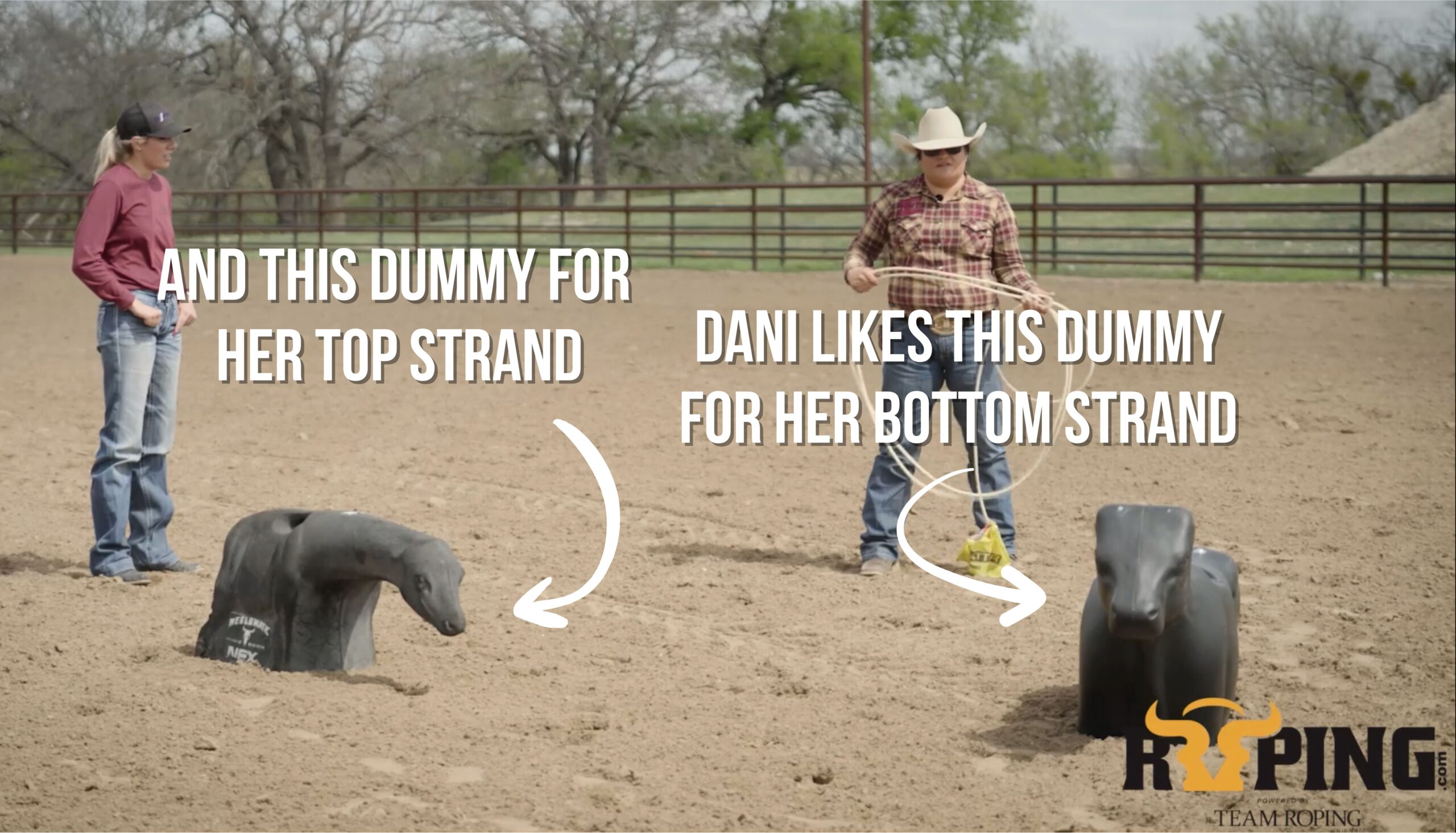 Two ropers stand in a dirt arena beside two roping dummies, one holding a coiled rope, with captions and arrows pointing to each dummy