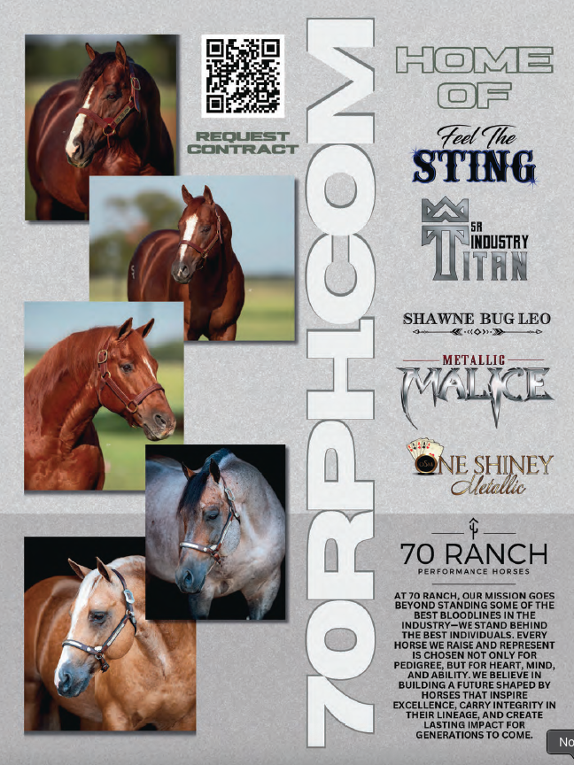 RPPhcosm advertisement featuring multiple images of a chestnut horse with details about Shawne Bug Leo, Metallic Wallace, and 70 Ranch Performance Horses
