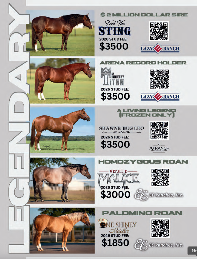 Legend Genetics 2026 stud fee listing featuring five stallions with photos and pricing from $1850 to $3500