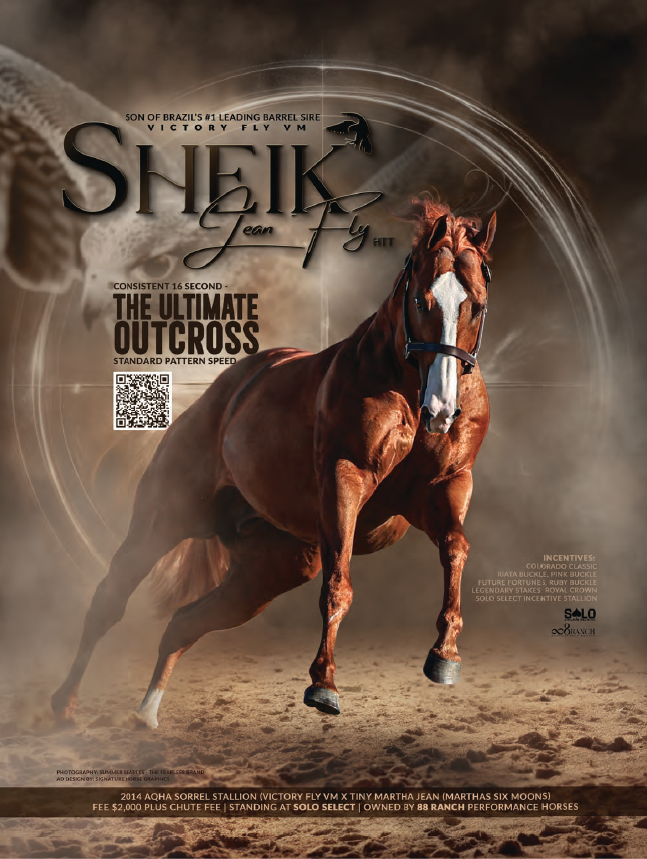 Bay horse performing an outcross maneuver in arena dust with "Sheik Lean Fly" text overlay promoting barrel racing sire