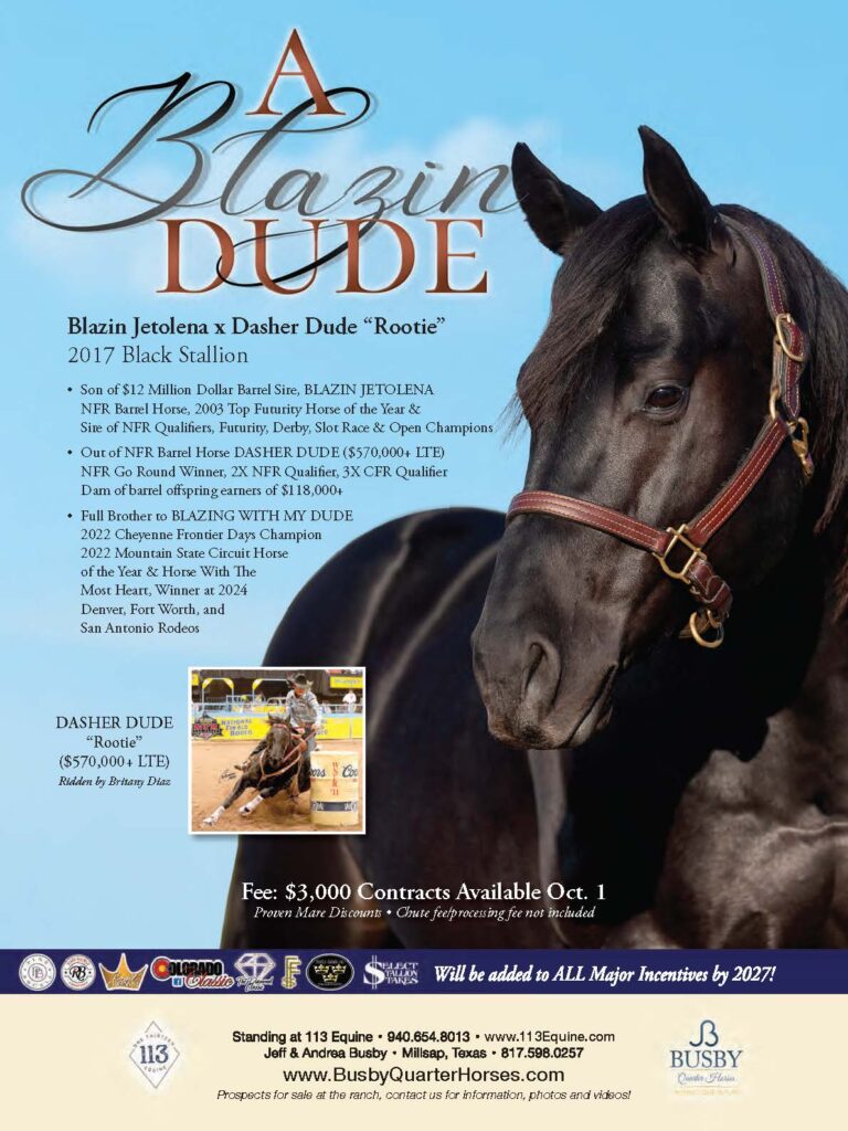 Breeding ad for A Blazin Dude, a 2017 black stallion, with a headshot and an inset barrel racing photo of his dam