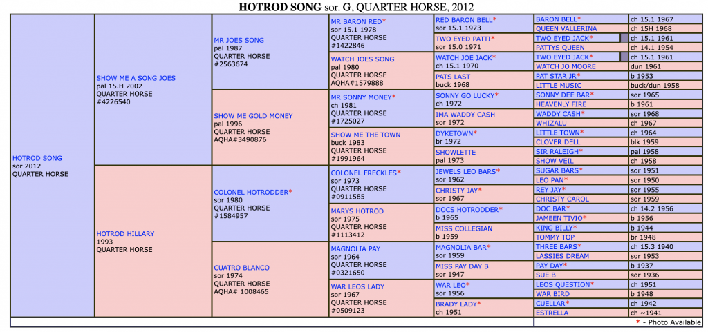 Five-generation pedigree chart for a 2012 sorrel Quarter Horse, listing sires and dams with birth years and registration numbers