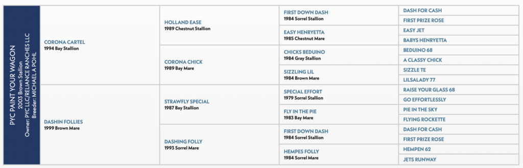 Five-generation pedigree chart for PYC Paint Your Wagon, tracing Corona Cartel, Dashin Follies and First Down Dash lines
