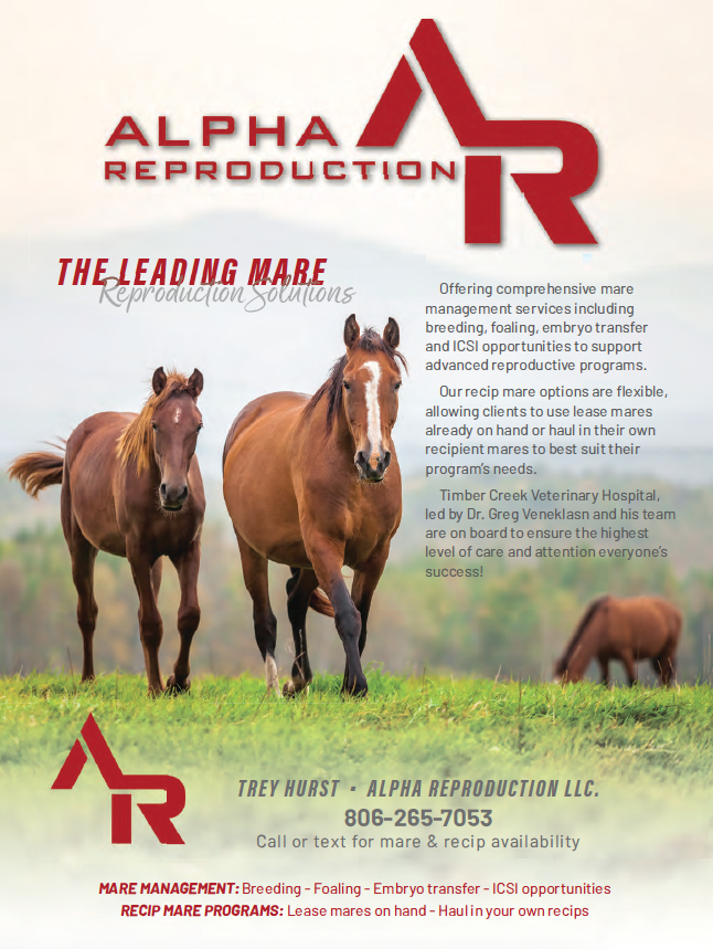 Alpha Reproduction LLC mare management services advertisement featuring two brown horses standing in a pasture with contact information for breeding, foaling, embryo transfer, and ICSI opportunities