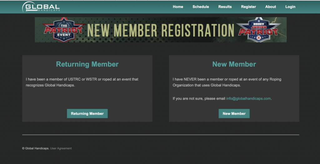 Global Handicaps registration webpage with a Patriot Event new member registration banner and Returning Member and New Member options