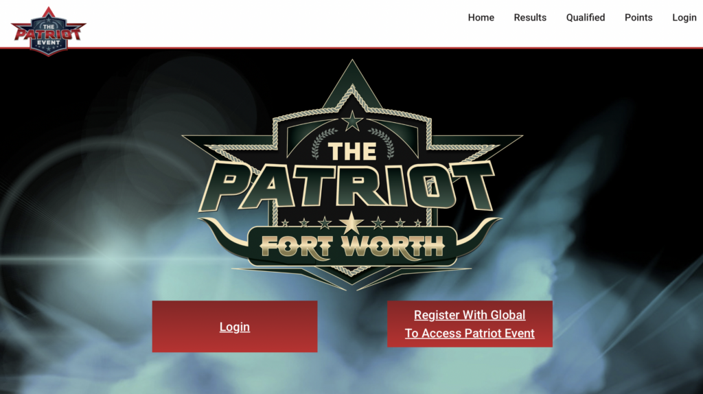 The Patriot Fort Worth event website homepage showing the star-shaped logo with Login and Register buttons