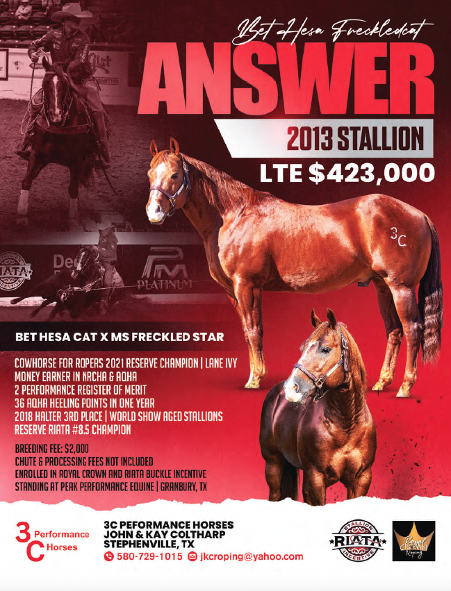 Red-toned stallion breeding advertisement featuring two photos of a sorrel Quarter Horse stallion with pedigree and earnings details