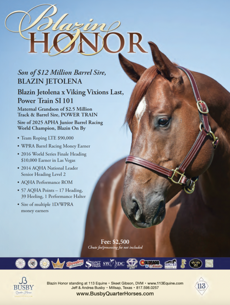 Blazin Honor stallion standing in halter with information about his bloodlines, racing accomplishments, and $2,500 breeding fee displayed on blue background