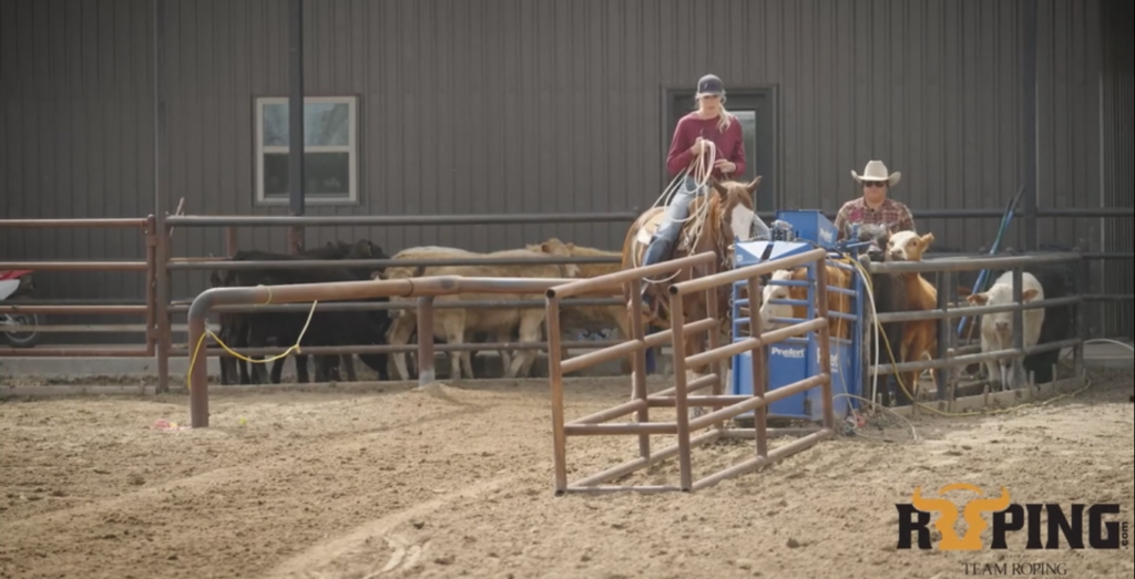 Roper on horseback holds a coiled rope beside the roping chute while a man in a cowboy hat loads cattle in an indoor arena