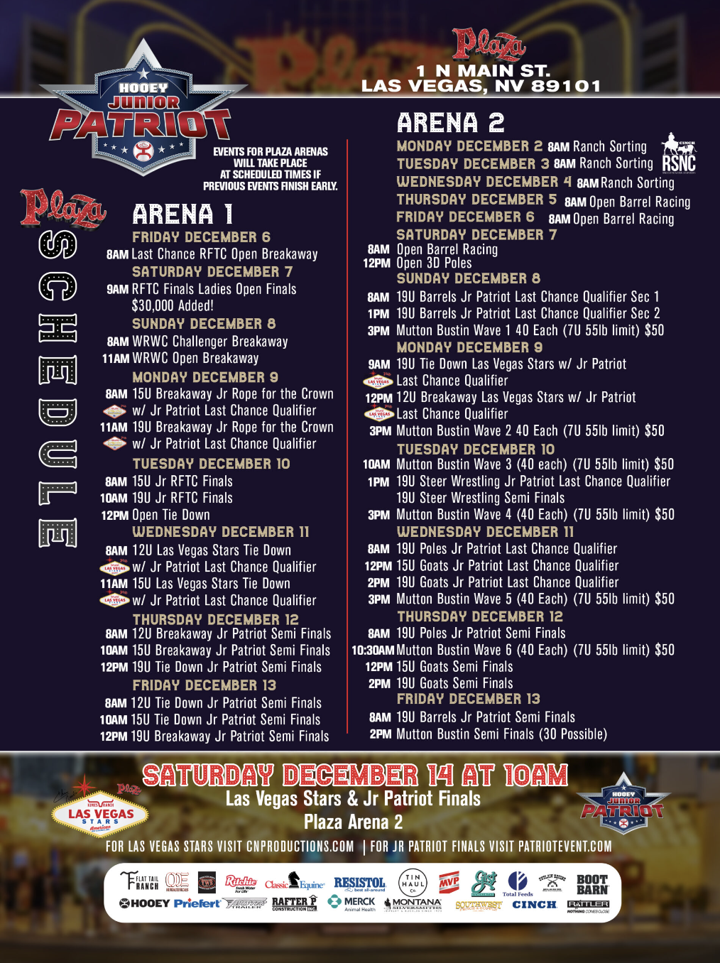 Cinch Patriot Schedule showing two arena event listings for Las Vegas rodeo competition December 9-14, with Saturday finals at 10am Plaza Arena 2