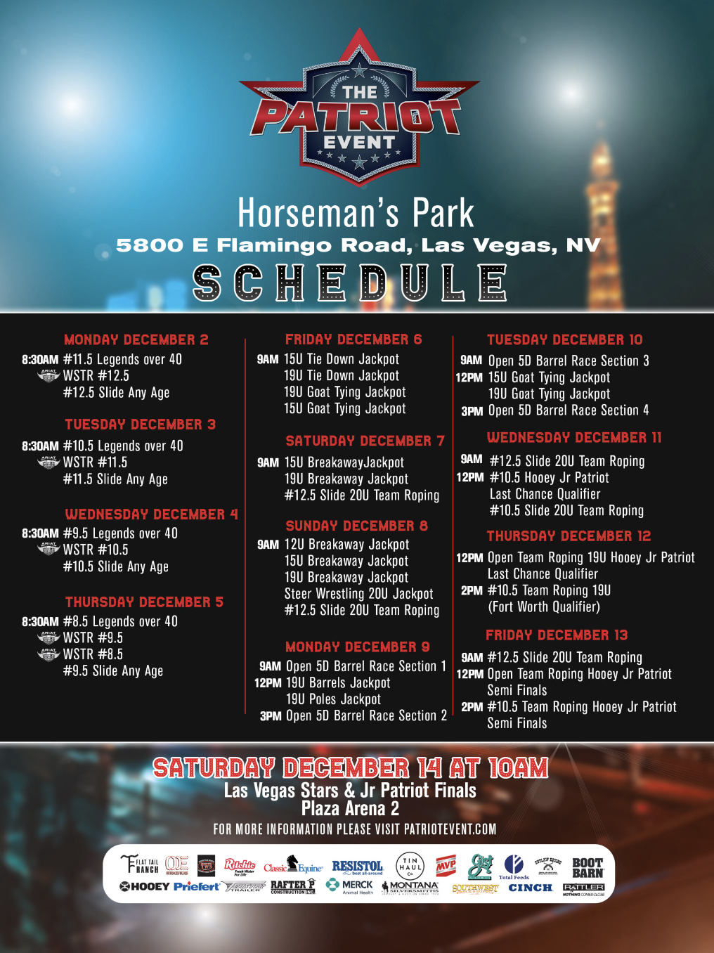The Patriot Event schedule for rodeo competitions at Horseman's Park in Las Vegas, NV, December 3-14, featuring barrel racing, breakaway roping, and other events across multiple days