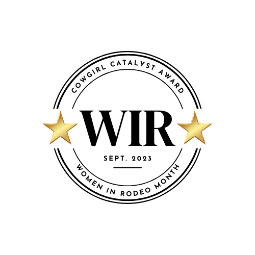 Cowgirl Catalyst Award logo with "WIR" initials flanked by gold stars, marking Women in Rodeo Month, Sept. 2023