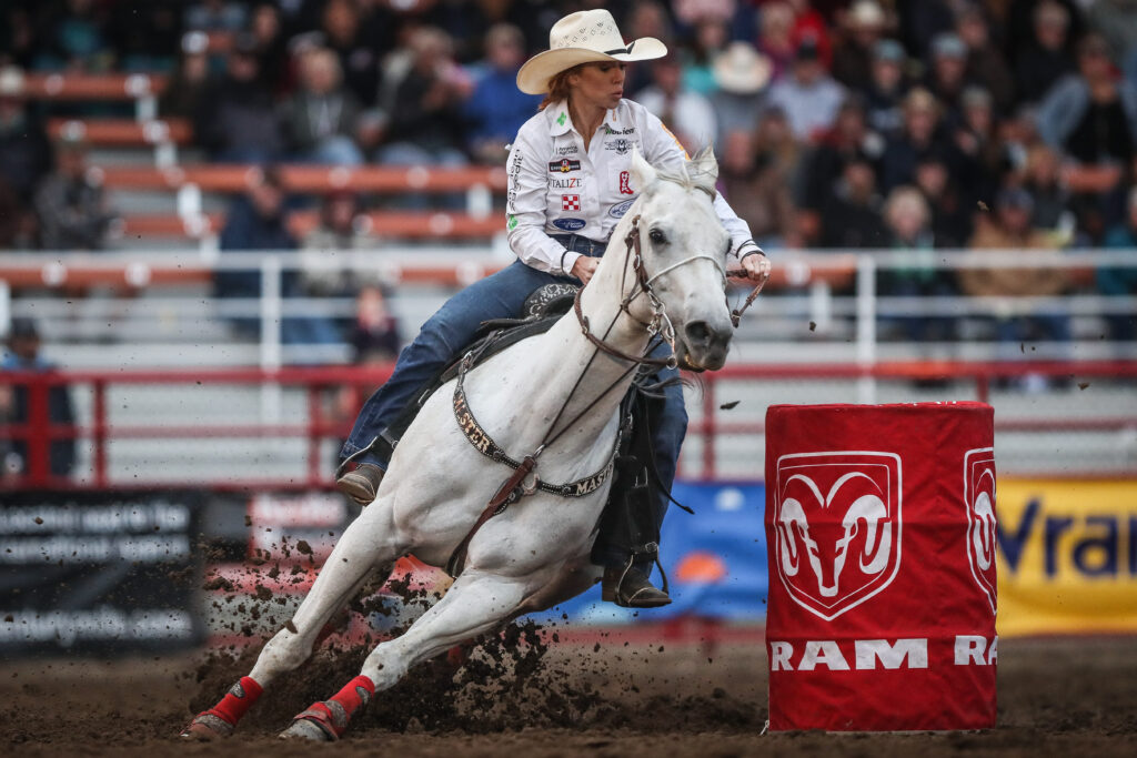 Emily Beisel barrel racing at Ponoka Stampede