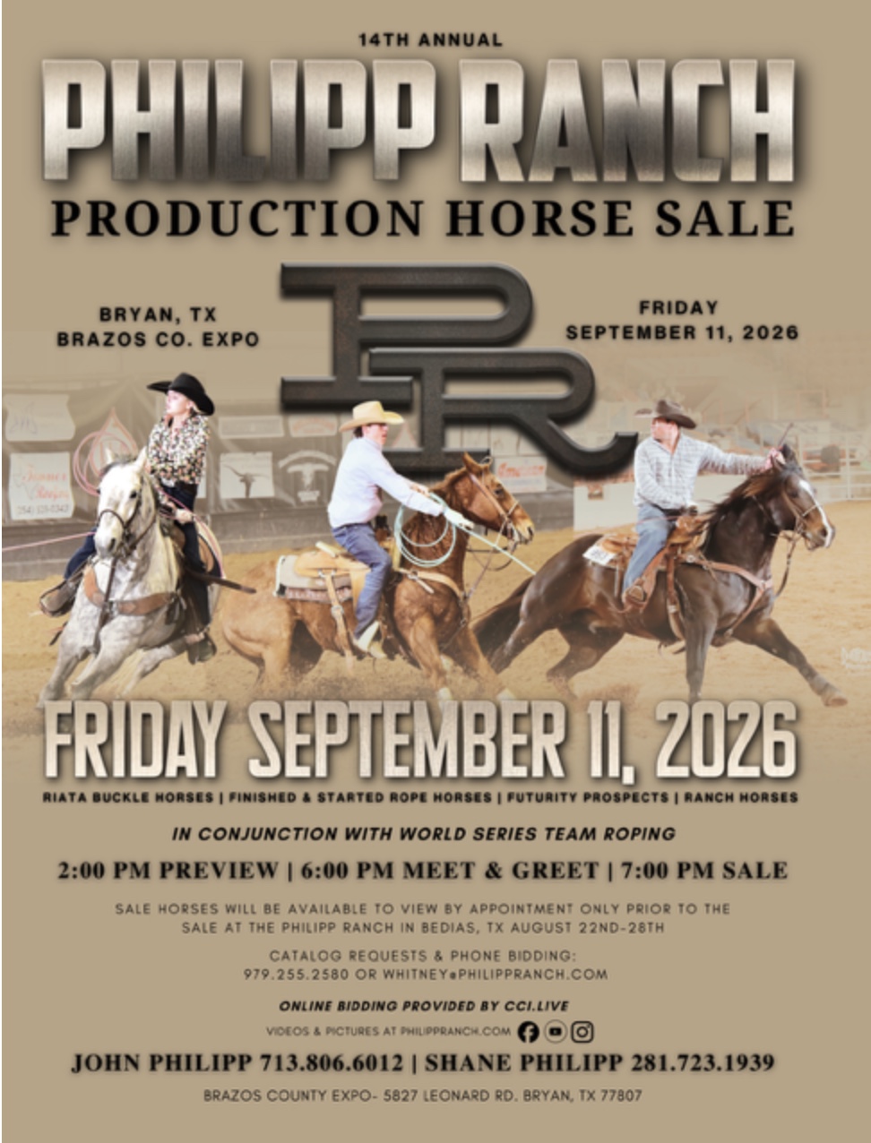 14th Annual Philipp Ranch Production Horse Sale flyer featuring three mounted cowboys roping, scheduled for Friday, September 11, 2026 in Bryan, Texas