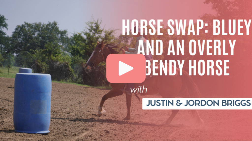 Video thumbnail of a barrel racer rounding a blue barrel, titled "Horse Swap: Bluey and an Overly Bendy Horse"