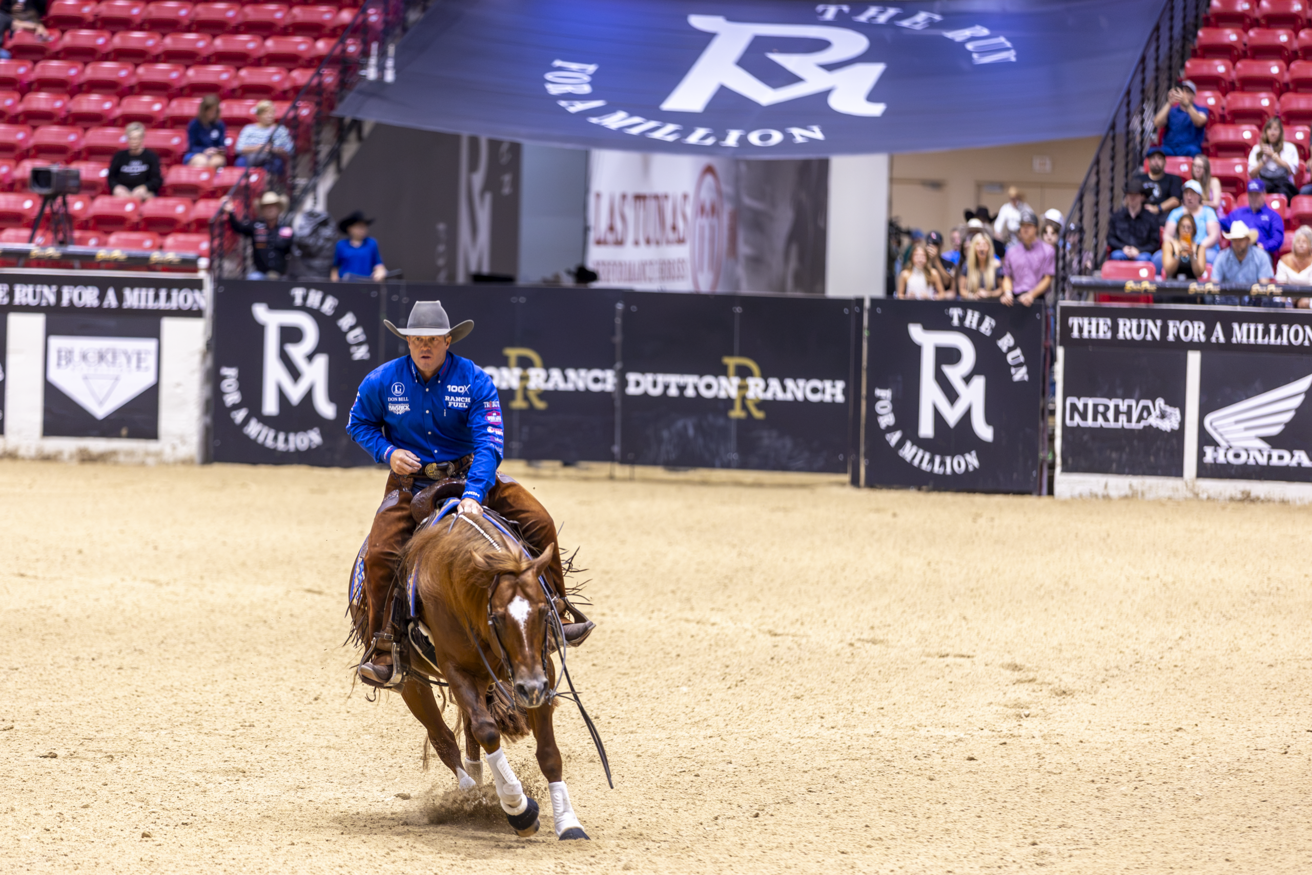 Rider in blue shirt on bay horse competing in arena with sponsor banners and red stadium seating in background