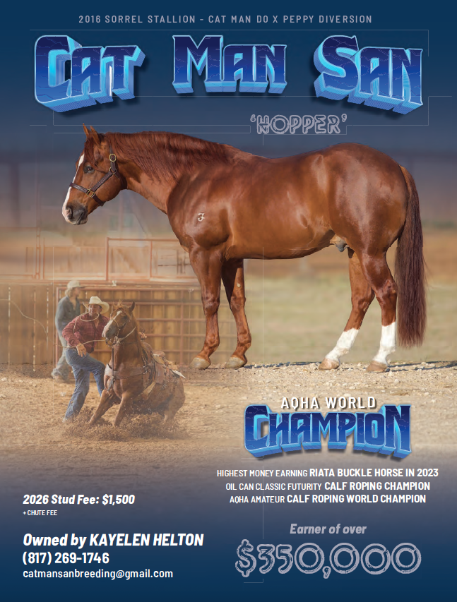 Chestnut stallion "Hopper" standing in profile at a ranch, promoted as 2026 stud with $1,500 fee by owner Kayelen Helton, advertising AQHA World Champion calf roping horse with $350,000 earnings