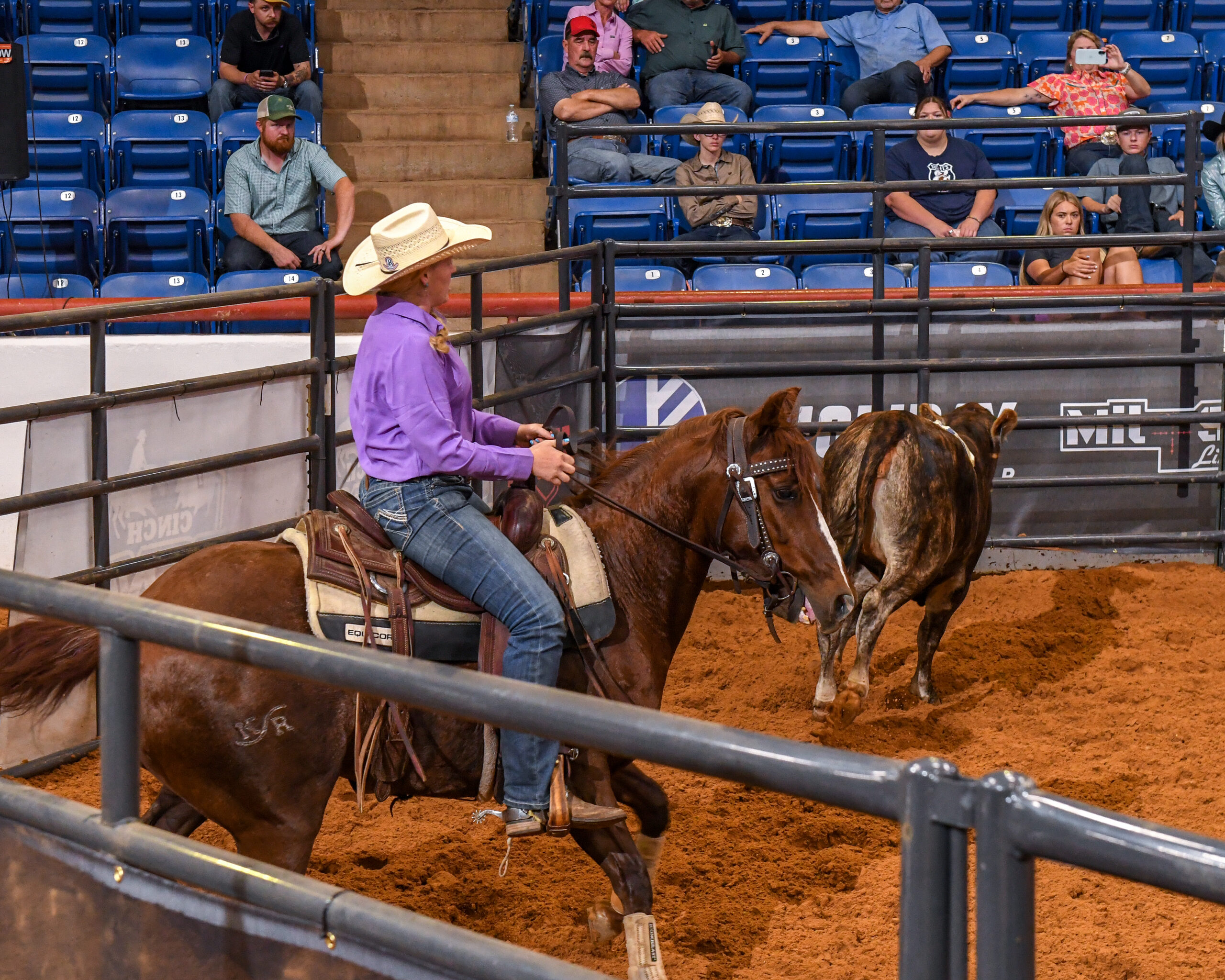 Cowgirl in purple shirt and white hat rides brown horse in indoor arena while spectators watch from blue seats